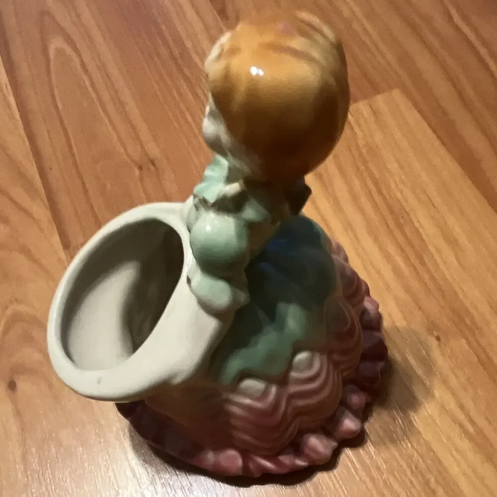Vintage Ceramic Woman Figurine Bud Vase, Green Dress Pink Base, Small Gloss 6 in